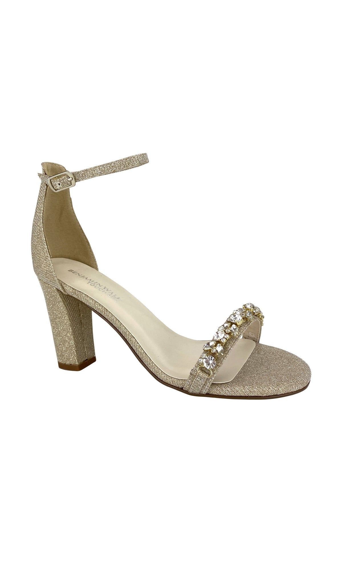 The Camila Champagne 2.75in Prom Shoes by Touch Ups 4522 feature gold glitter block heels, an ankle strap, and jeweled toe embellishments—perfect for prom—shown on a white background.